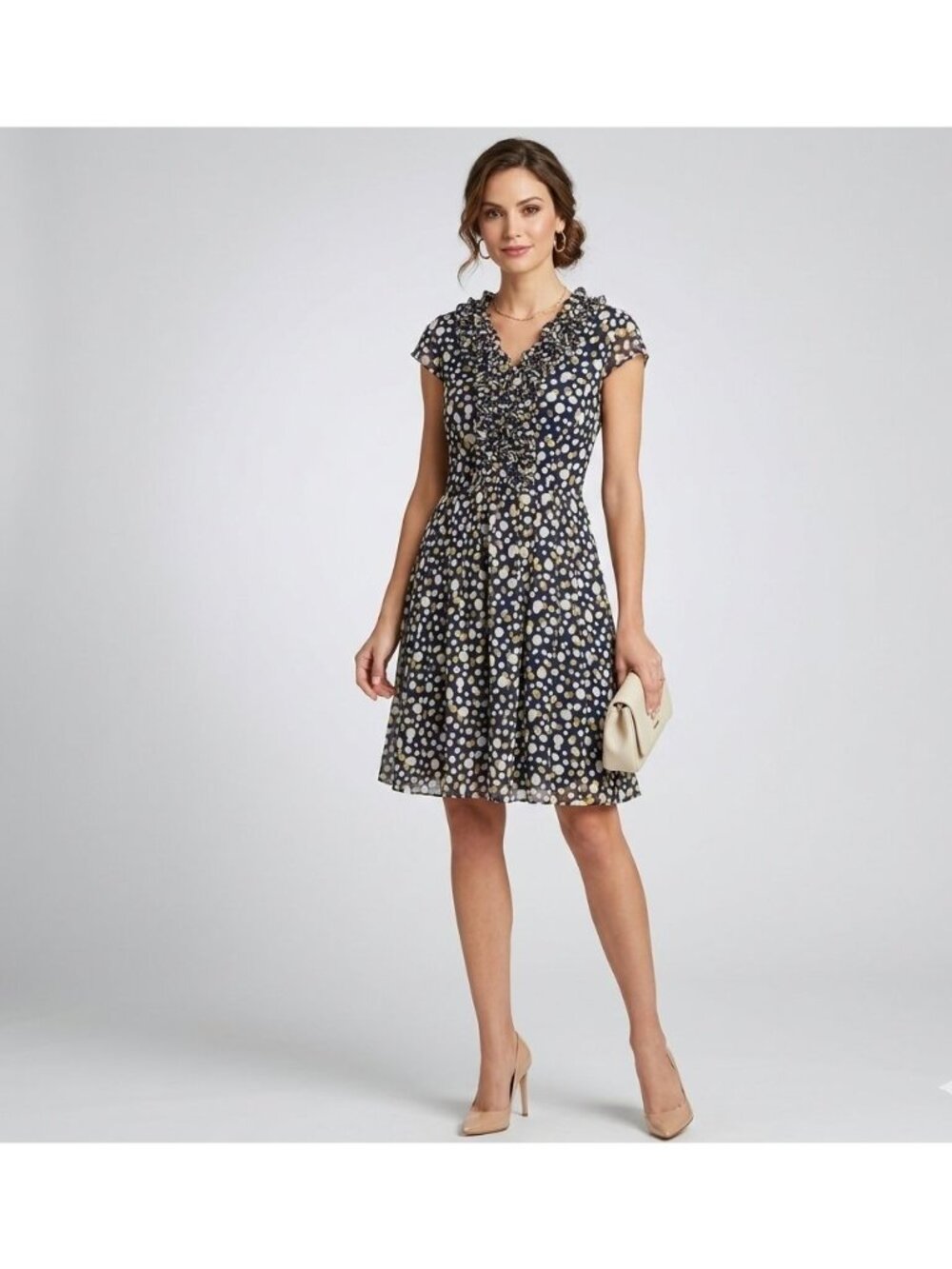 Adrianna Papell Dress Size 14 Navy Polka Dot Chiffon Ruffle V-Neck Cap Sleeves
